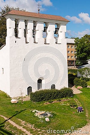 Pskov, Russia, September 6, 2023. Lawn near the belfry of the Church of the Assumption. Editorial Stock Photo