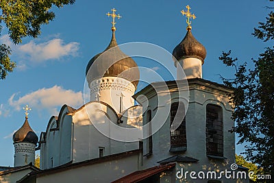 Pskov, Russia, September 6, 2023. The upper part of the bell tower and dome of the Church of Vasily. Stock Photo