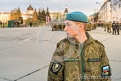 Portrait of young soldier of Special Armed Forces Russian military with blue beret on the square of Pskov, Russia Editorial Stock Photo