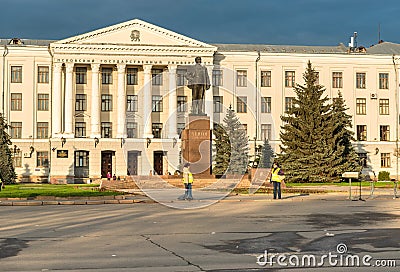 View of Lenin Square with Monument to Vladimir Lenin in front of the Pskov State University, Russia Editorial Stock Photo