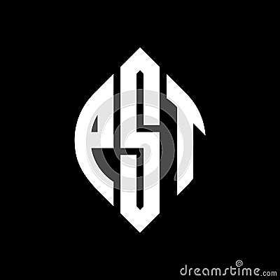 PST circle letter logo design with circle and ellipse shape. PST ellipse letters with typographic style. The three initials form a Vector Illustration
