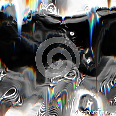 Psychedelic abstract futuristic neon fluorescent Sci Fi vibrant error wind glitch effect on blurred monochrome swirl shapes Stock Photo