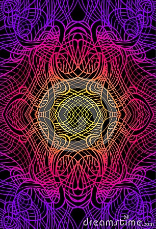 Psychedelic abstract trippy colorful fractal, gradient neon color outline, with black background. Decorative element flower Vector Illustration