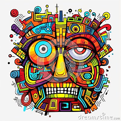 Psychedelic Cartoon Head: A Fusion Of Mayan Art And Technological Design Stock Photo
