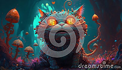 Psychedelic cat in the enchanted forest. Fairy tale illustration of a cat with mushrooms, a fictional image Cartoon Illustration