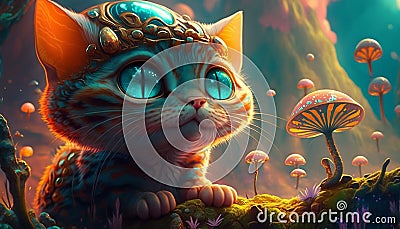 Psychedelic cat in the enchanted forest. Fairy tale illustration of a cat with mushrooms, a fictional image Cartoon Illustration