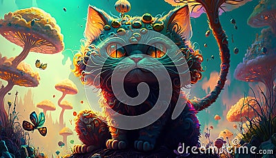 Psychedelic cat in the enchanted forest. Fairy tale illustration of a cat with mushrooms, a fictional image Cartoon Illustration