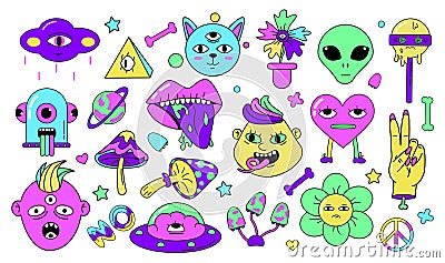 Psychedelic characters set. Skull and alien emoji sticker, crazy doodle smiling creatures. Retro surreal trippy hippie Vector Illustration