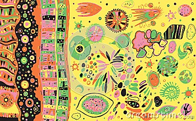 Psychedelic color ink abstract sketch. Surreal boho drawing for design, colorful background art. Vector illustration Vector Illustration