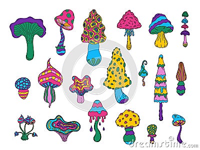 Psychedelic colored mushrooms. Doodle toadstool amanita chanterelle fantasy hallucinogenic clip art, fairy hippie forest Vector Illustration