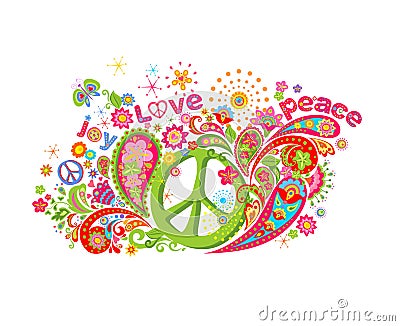 Psychedelic colorful print with hippie peace symbol, flower-power, love, peace and joy word, butterfly and paisley Vector Illustration