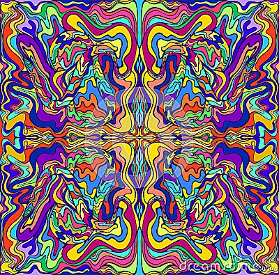 Psychedelic colorful surreal doodle fractal. Mirror abstract pattern, maze of wavy ornaments. Vector Illustration