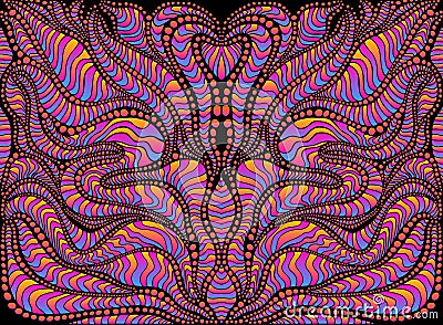Psychedelic colorful surreal doodle pattern,gradient neon colors. Mirror abstract pattern, maze of wavy ornaments Vector Illustration