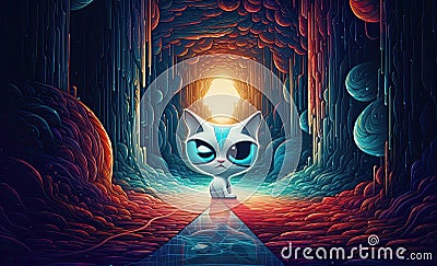 Psychedelic cosmic guru cat with infinite wisdom of the universes, hypnotic eyes captivates you, generative AI Stock Photo