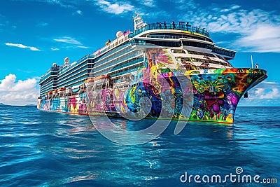 A psychedelic Cruise Ship in the Caribbean with crystal clear blue water. Generative AI Stock Photo