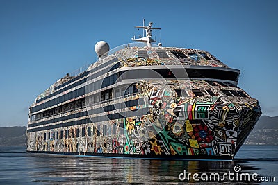 A psychedelic Cruise Ship in the Caribbean with crystal clear blue water. Generative AI Stock Photo