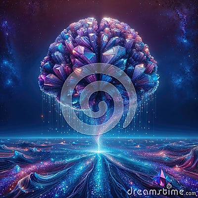 Psychedelic Crystal Brain, Mind Universe, Astral Projection, Abstract Space Concept Stock Photo