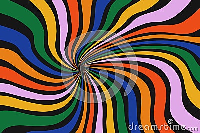Psychedelic distorted twisted colorful ray pattern on black background. Groovy abstract design in 60-70s style. Retro Vector Illustration