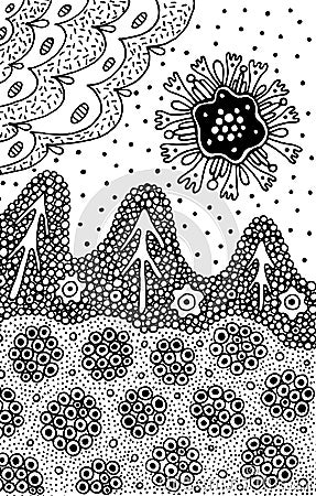 Psychedelic doodle landscape coloring page for adults. Ink line art. Scenery illustration. Fantastic nature backdrop. Vector Vector Illustration