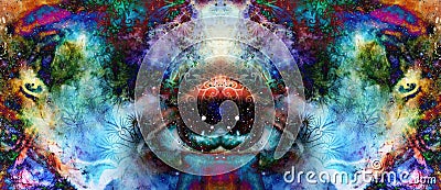 Psychedelic eyes on multicolor abstract backgroung with ornamental pattern. Stock Photo