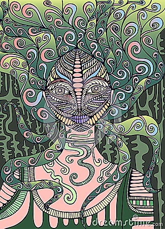 Psychedelic Fairy Shaman. Surreal fantasy doodle woman. Vector Illustration