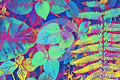 Psychedelic fern leaf and plant closeup. Forest floor colorful digital illustration. Neon fern leaves natural background Cartoon Illustration