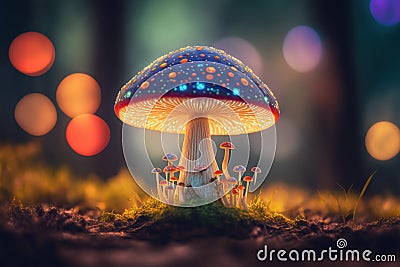 Psychedelic fluorescent mushrooms in the enchanted forest. Generative AI Stock Photo