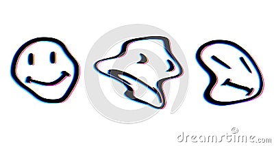 Psychedelic glitch stickers set. Smile emoji melt faces Vector Illustration