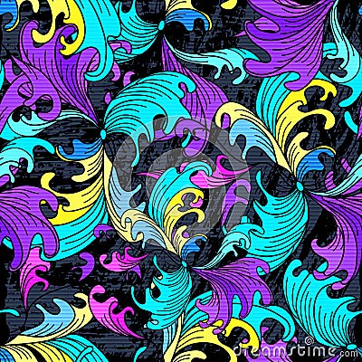 Psychedelic graffiti abstract flowers on a black background Seamless texture grunge effect Vector Illustration