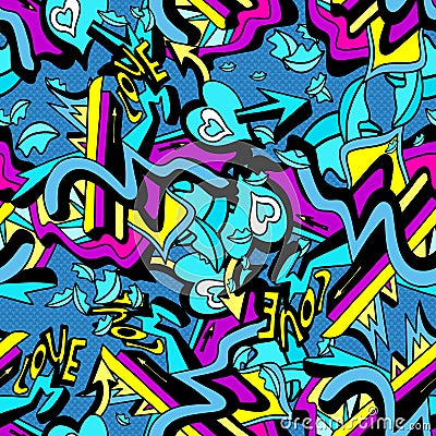 Psychedelic graffiti lines and heart on a white background seamless pattern vector illustration Vector Illustration