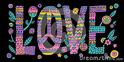 Psychedelic hippie Love lettering Vector Illustration