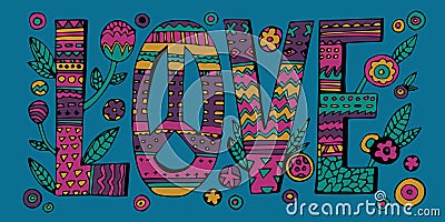 Psychedelic hippie Love lettering Vector Illustration