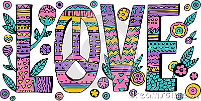 Psychedelic hippie Love lettering Vector Illustration