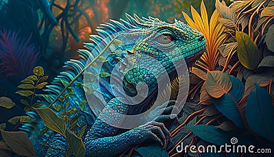 Psychedelic Iguana in the enchanted forest. Fairy tale illustration of a Iguana, a fictional image Cartoon Illustration