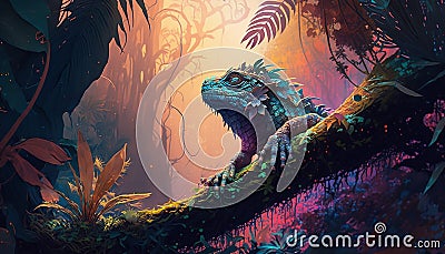 Psychedelic Iguana in the enchanted forest. Fairy tale illustration of a Iguana, a fictional image Cartoon Illustration