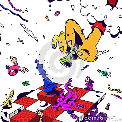 Psychedelic illustration about Chess. Vector. Surrealistic picture on the topic of management and business. Game of chess. Drawn Vector Illustration