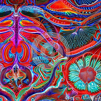 A psychedelic interpretation of the human body, with organs and bones transformed into abstract shapes and patterns3, Generative Stock Photo