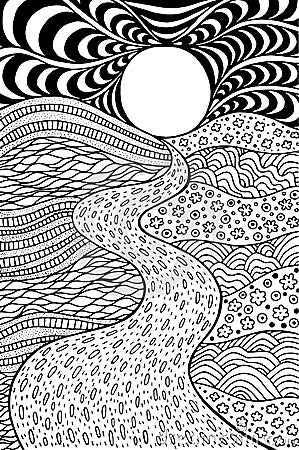 Psychedelic landscape. Coloring page for adults. Pathway in meadows and waves. Seaside illustration. Doodle drawing. Vector Vector Illustration