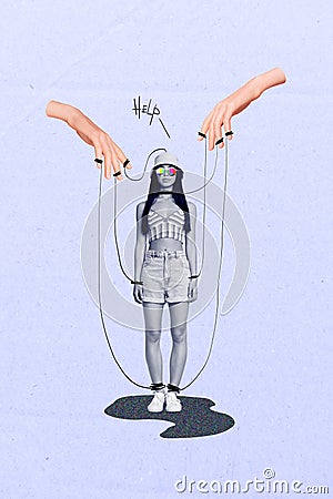 Psychedelic marionette collage of slave puppet funny woman depression falsification news zombie brainwash isolated on Stock Photo