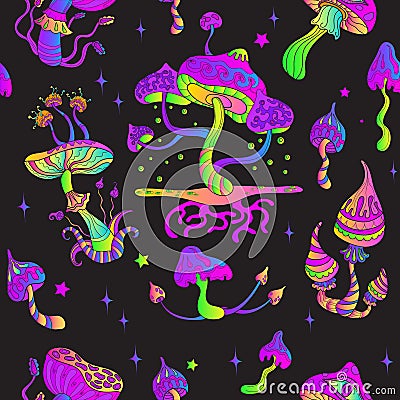 Psychedelic mushroom pattern. Magic neon shroom seamless print, trippy dope trance fairy fantasy dreams crazy hippie Cartoon Illustration