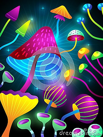 Psychedelic mushroom poster. Decorative placard with poison toxic colored mushroom illustration and place for text Vector Illustration