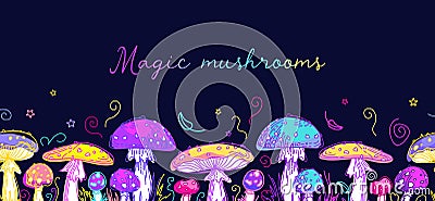 Psychedelic mushrooms border. 60s hippie, colorful poisonous fly agaric. Sketch style graphic modern illustration with Vector Illustration