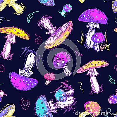 Psychedelic mushrooms pattern. 60s hippie, colorful poisonous fly agaric. Bright summer illustration in Sketch style Vector Illustration