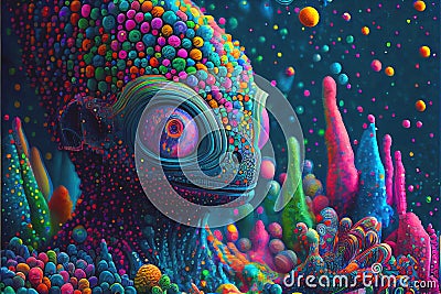 Psychedelic neon colorful alien world and alien creatures many aliens are bright vivid and colourful Stock Photo