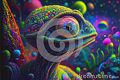 Psychedelic neon colorful alien world and alien creatures many aliens are bright vivid and colourful Stock Photo