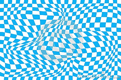 Psychedelic pattern with warped blue and white squares. Distorted chess board background. Chequered visual illusion Vector Illustration