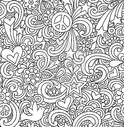 Psychedelic Peace Doodles Seamless Pattern Vector Illustration