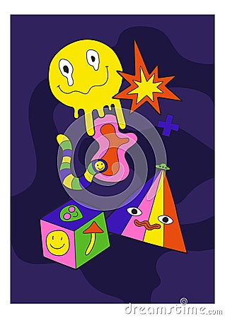 Psychedelic poster. Melting smiley. Geometric figures. Crazy worm. Abstract shapes. Bright spark. Surreal 60s and 70s Vector Illustration