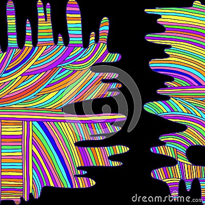 Psychedelic, rainbow background of lines, black background. Vector Illustration