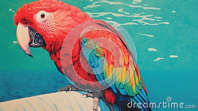Psychedelic Realism: Vibrant Parrot By Cool Water With Risograph Ra 7400 Texture Cartoon Illustration